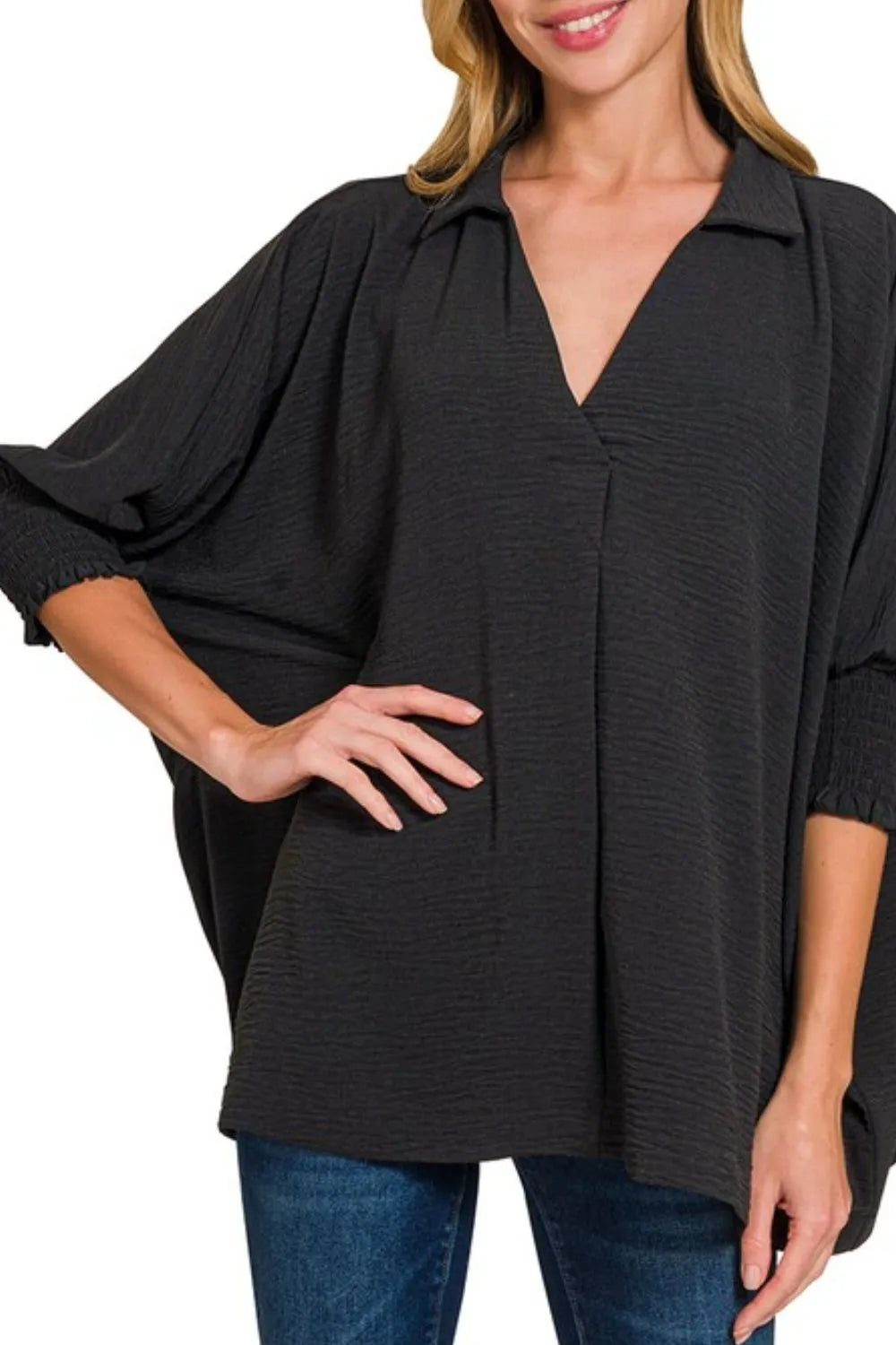 Zenana Airflow Collar Tee with Smocked Sleeve Band Top OutfitFlow