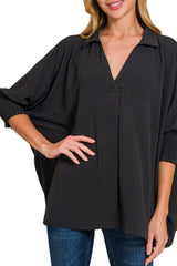 Zenana Airflow Collar Tee with Smocked Sleeve Band Top OutfitFlow