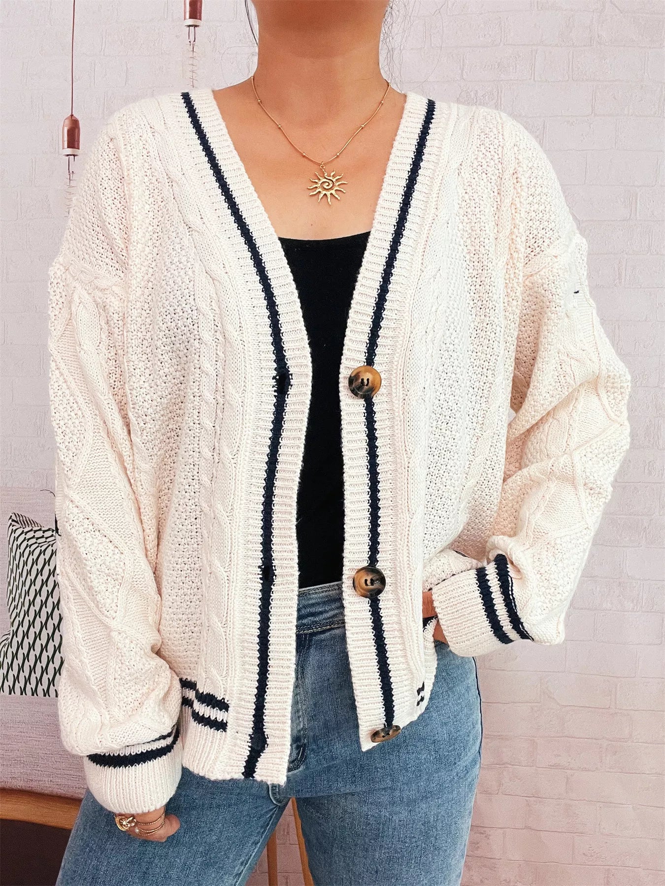 Star Pattern Button-Up Cardigan with Contrast Trim OutfitFlow