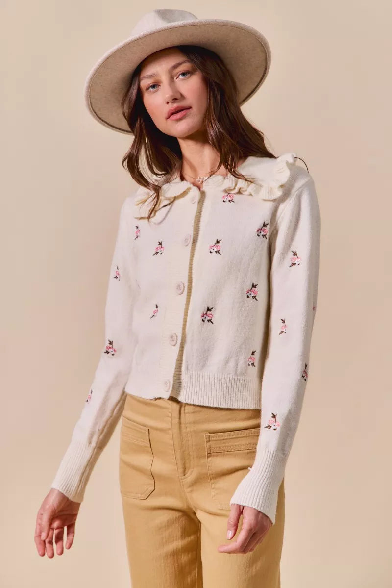 SO ME Collared Floral Embroidered Button Down Sweater Cardigan OutfitFlow