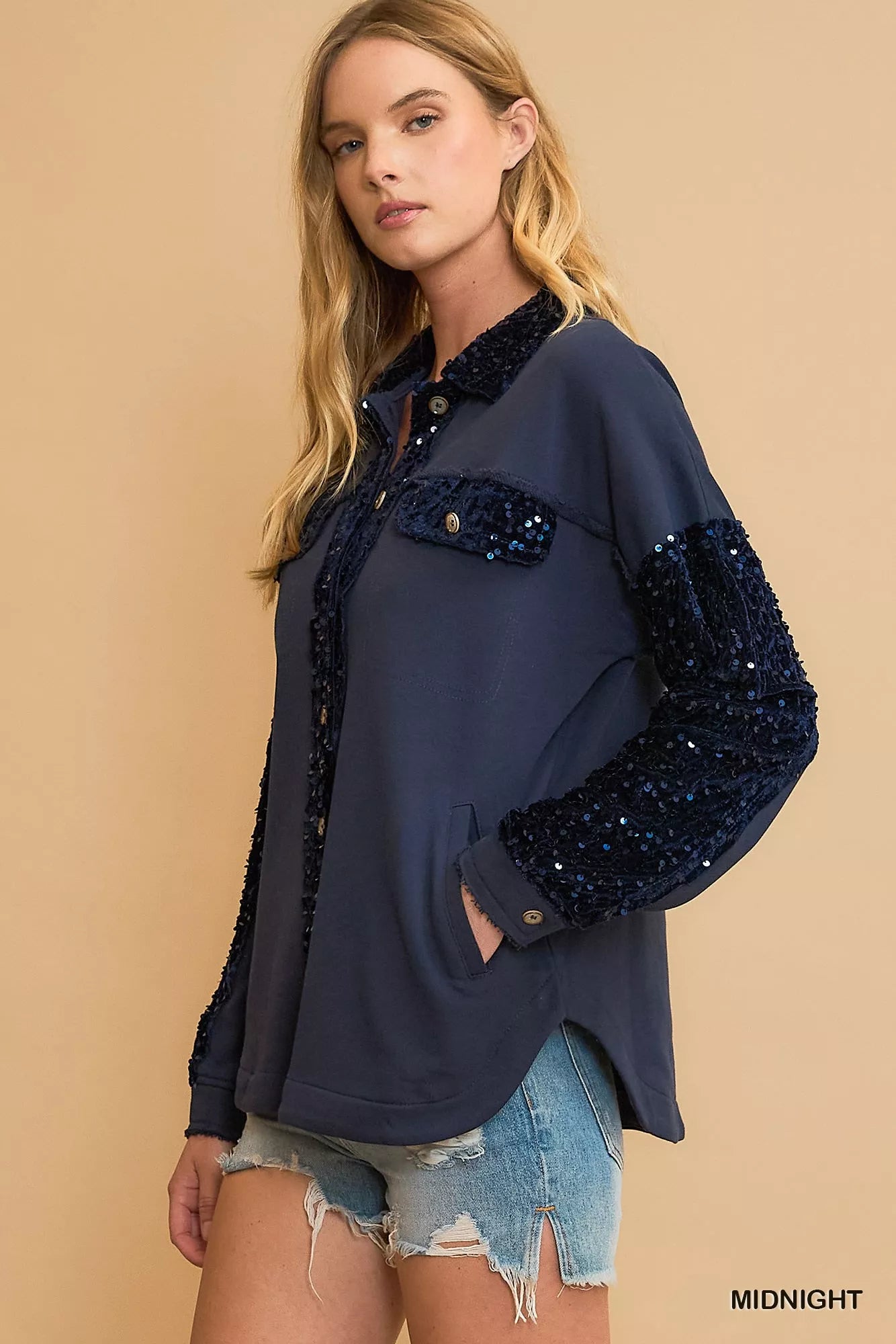 Umgee Sequined French Terry Jacket OutfitFlow