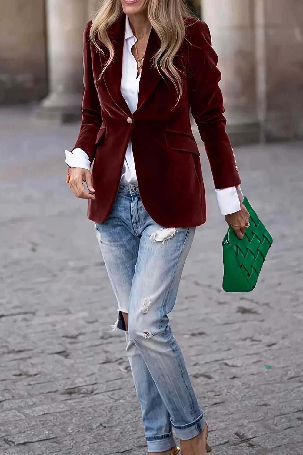 Lapel Collar One Button Blazer OutfitFlow