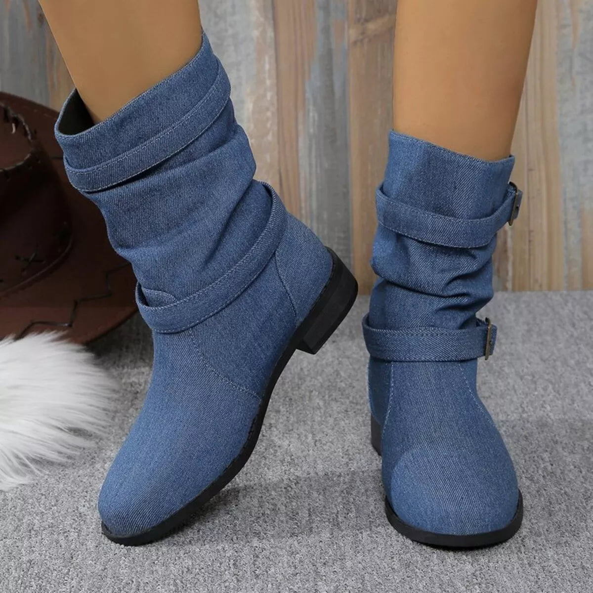 Buckle Accent Block Heel Boots Trendsi