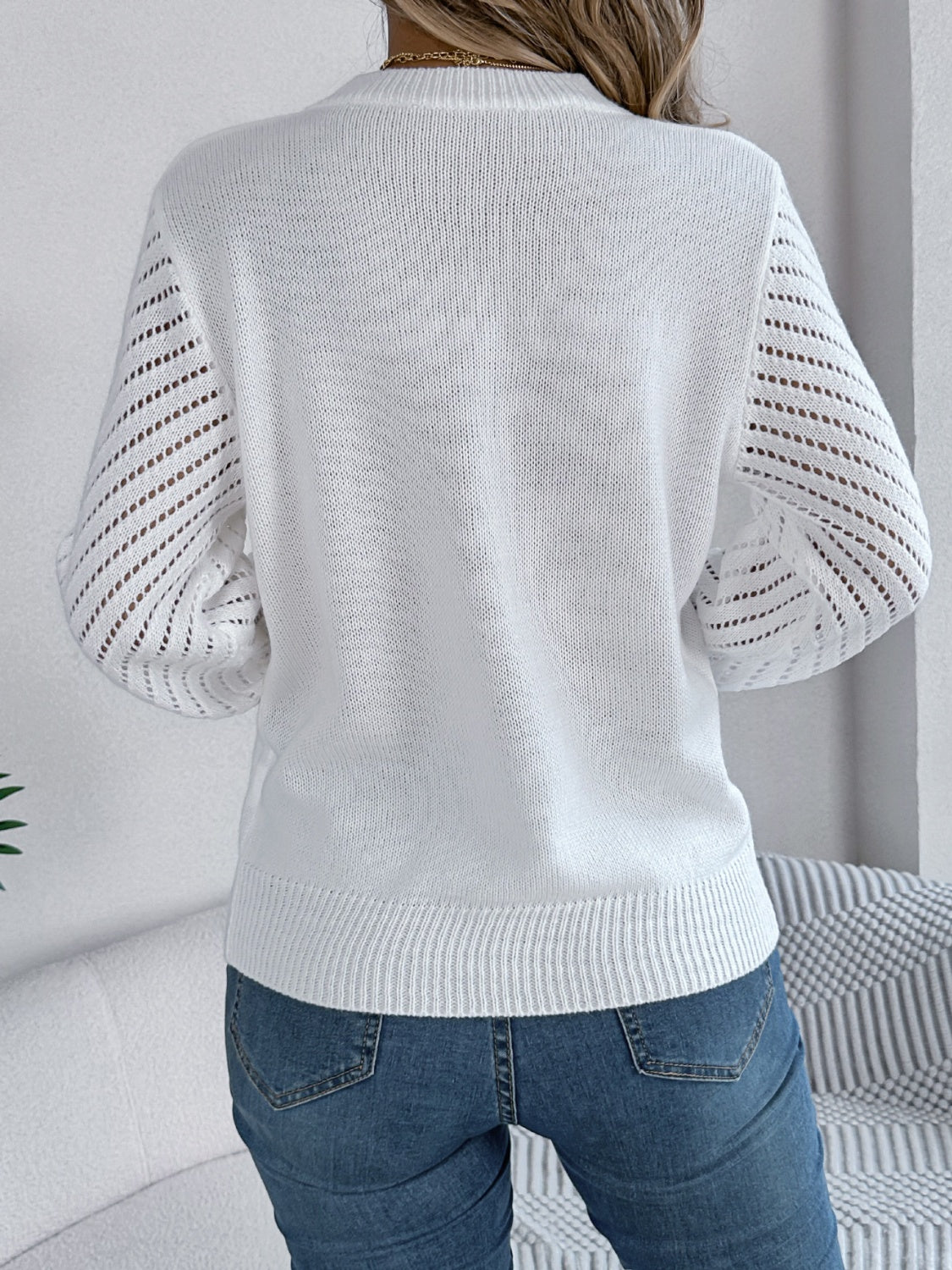 Outfit Flow - Openwork Round Neck Long Sleeve Knit Top