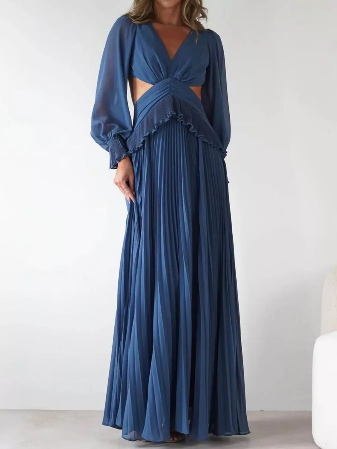 Backless Pleated Long Sleeve Maxi Dress OutfitFlow