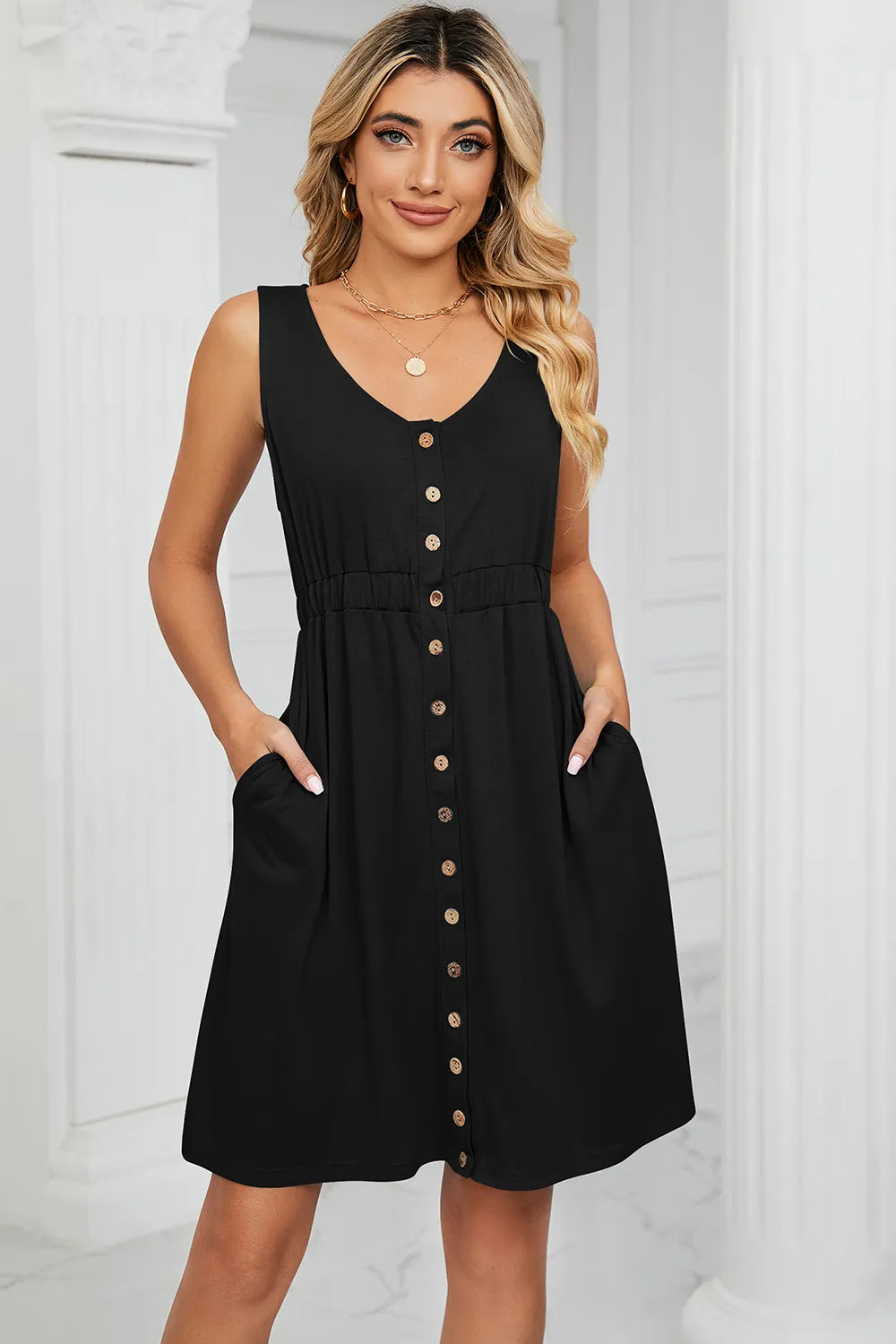 Buttoned Wide Strap Mini Dress OutfitFlow