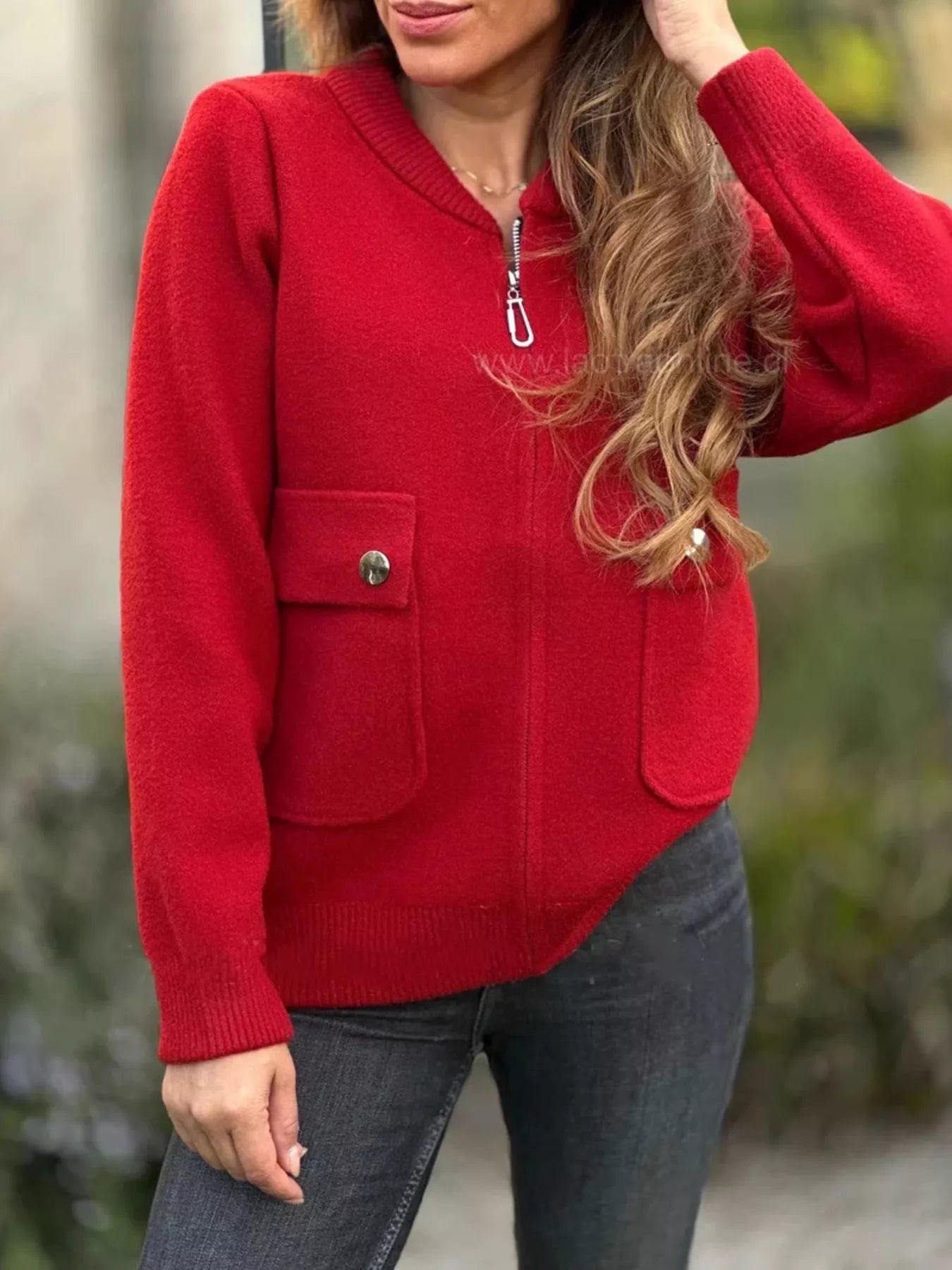 Full Size Zip-Up Long Sleeve Outerwear Plus Size Red Trendsi