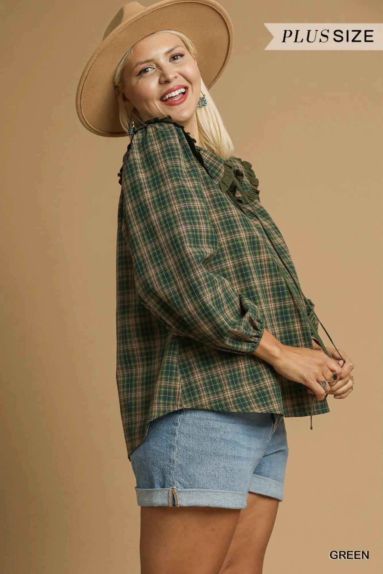 Umgee Full Size Plaid Ruffle Collar Blouse Plus Size Trendsi