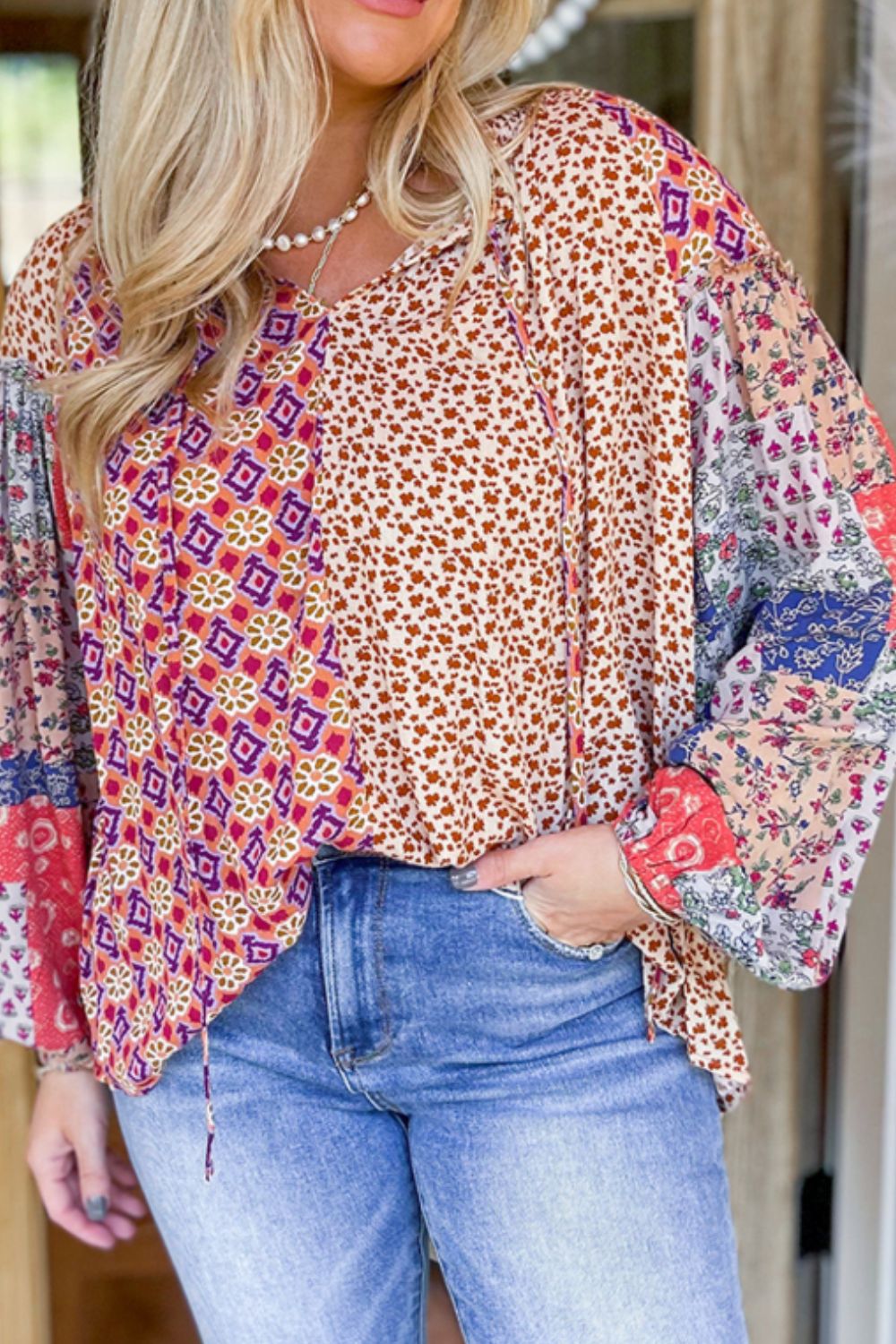 Printed Tie Neck Long Sleeve Blouse