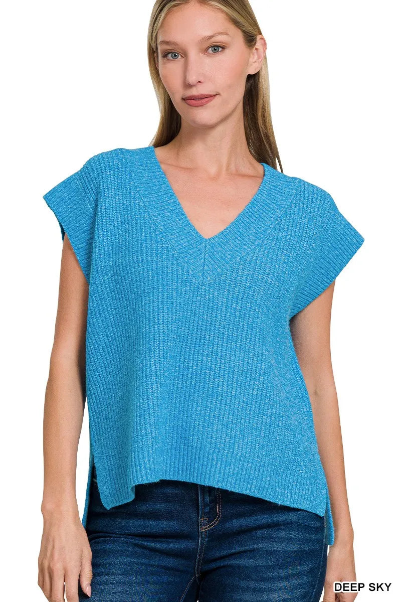 Zenana Oversized Sweater Vest with Side Slit DEEP SKY OutfitFlow