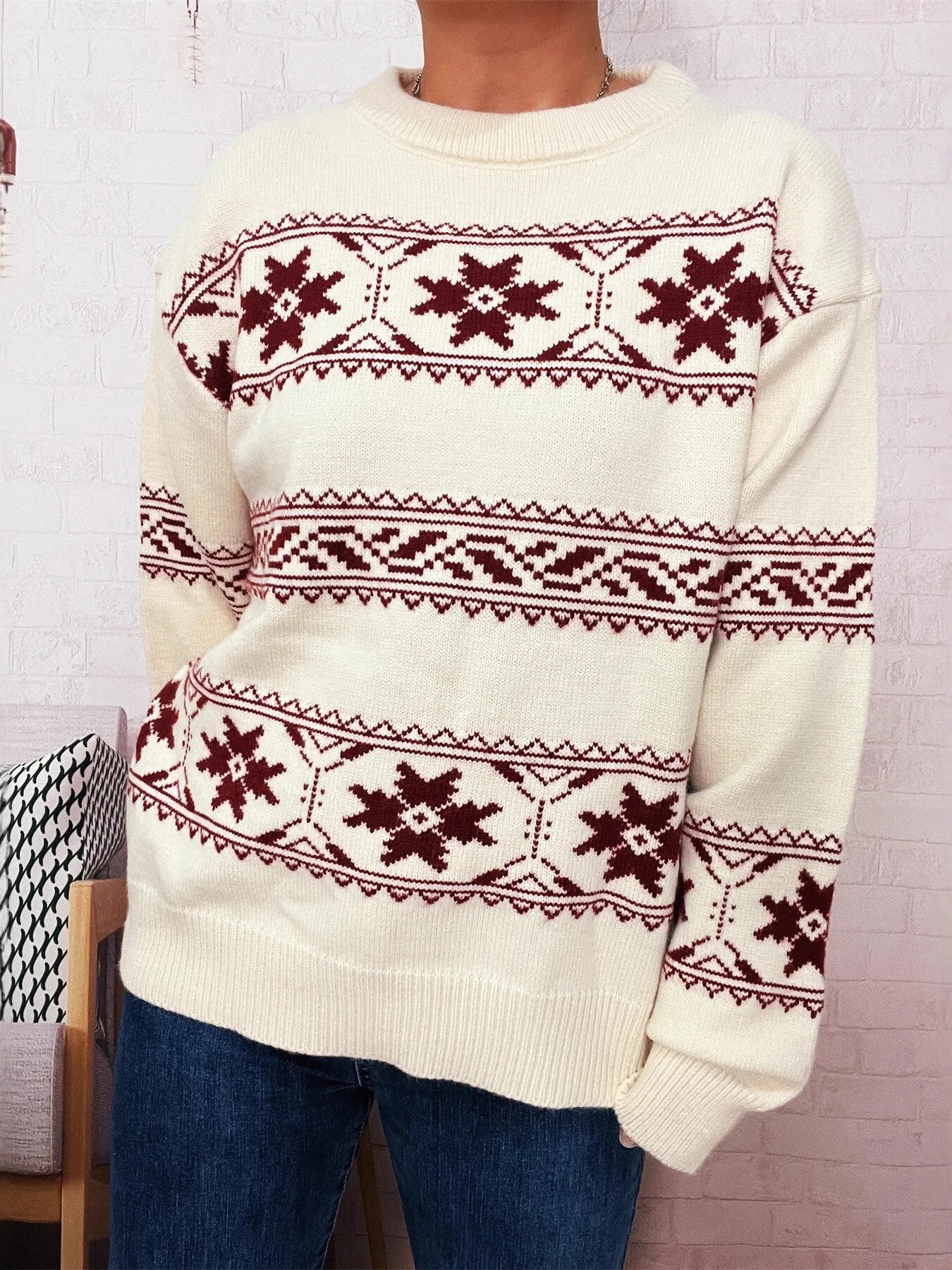 Christmas Snowflake Round Neck Sweater OutfitFlow
