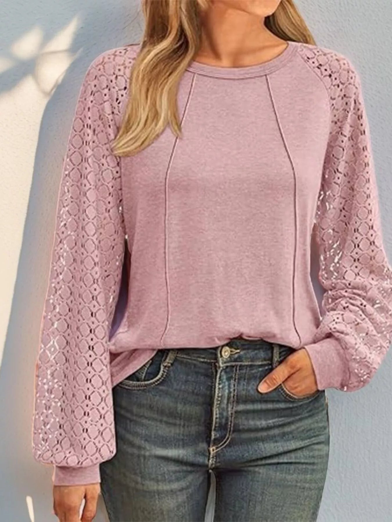 Round Neck Lace Sleeve Blouse Pink OutfitFlow