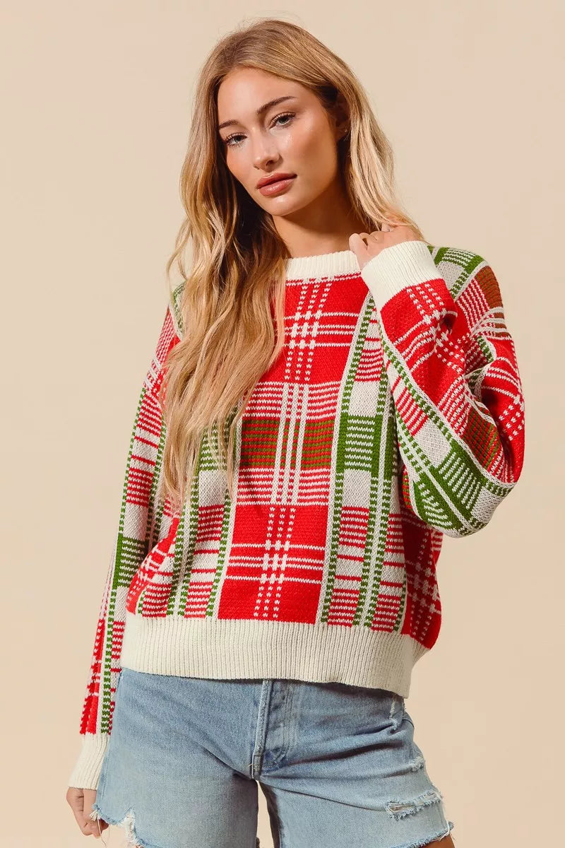 SO ME Christmas Color Checkered Plaid Crew Neck Sweater Trendsi