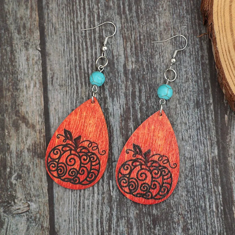 Turquoise Wooden Pumpkin Teardrop Earrings OutfitFlow