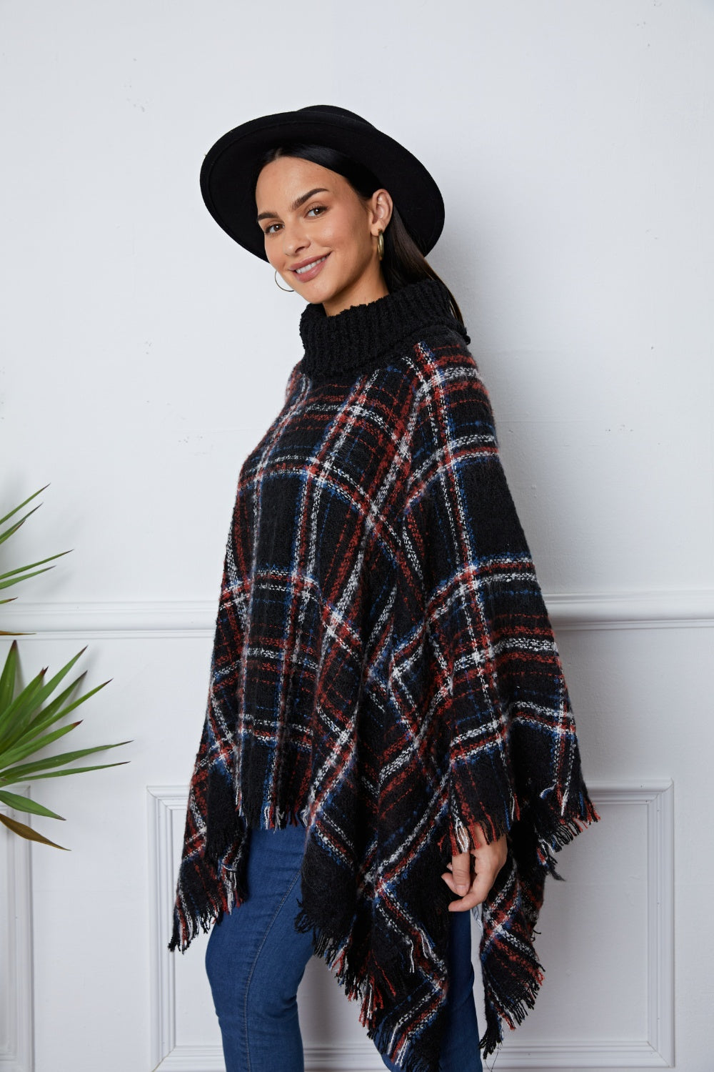 Shiny Turtleneck Plaid Raw Hem Sweater