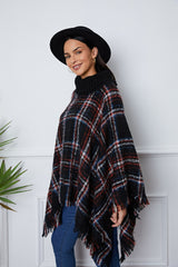 Shiny Turtleneck Plaid Raw Hem Sweater