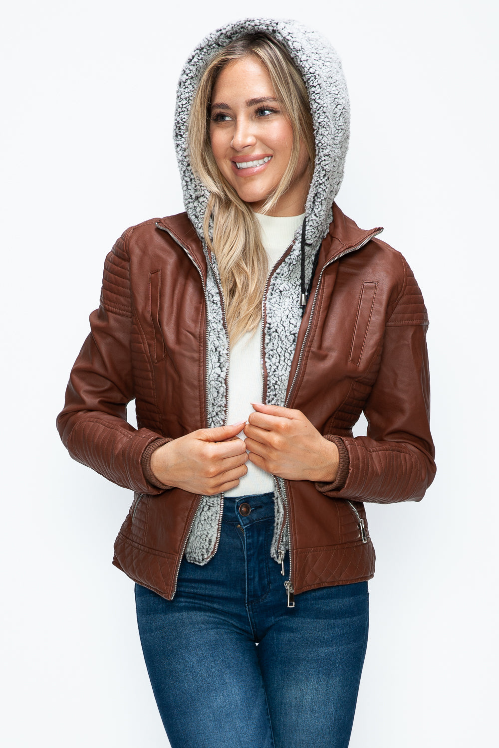 Outfit Flow - YMI Faux Layered Double-Zipper Jacket with Fuzzy Hood