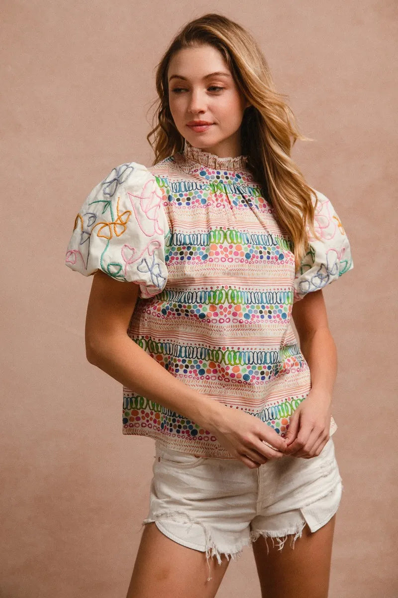 BiBi Ruffle Neckline Blouse With Embroidery Bubble Sleeve OutfitFlow