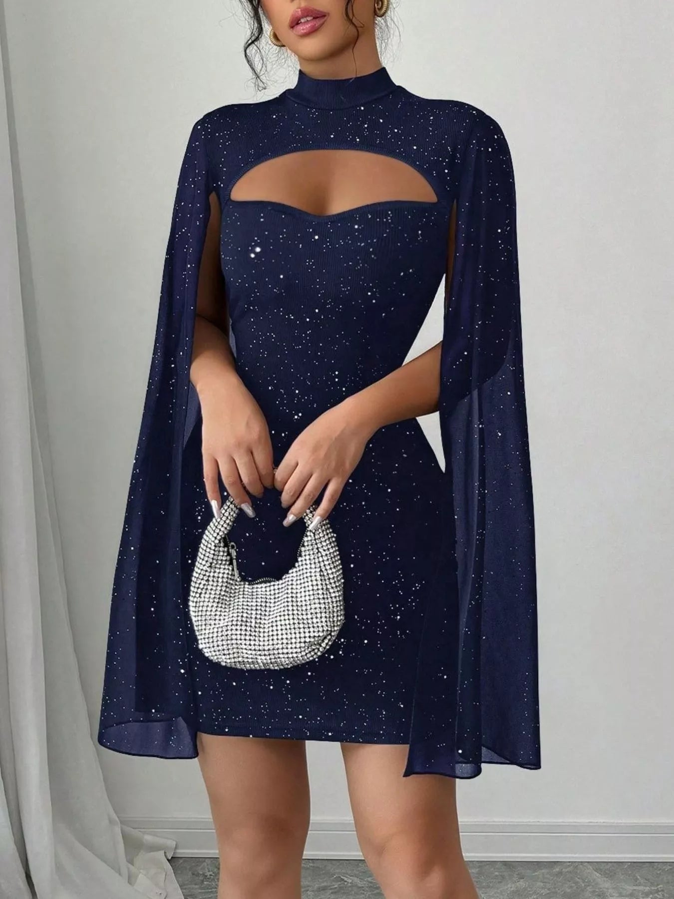 Cutout Bodycon Mini Dress with Cape Sleeves Navy OutfitFlow