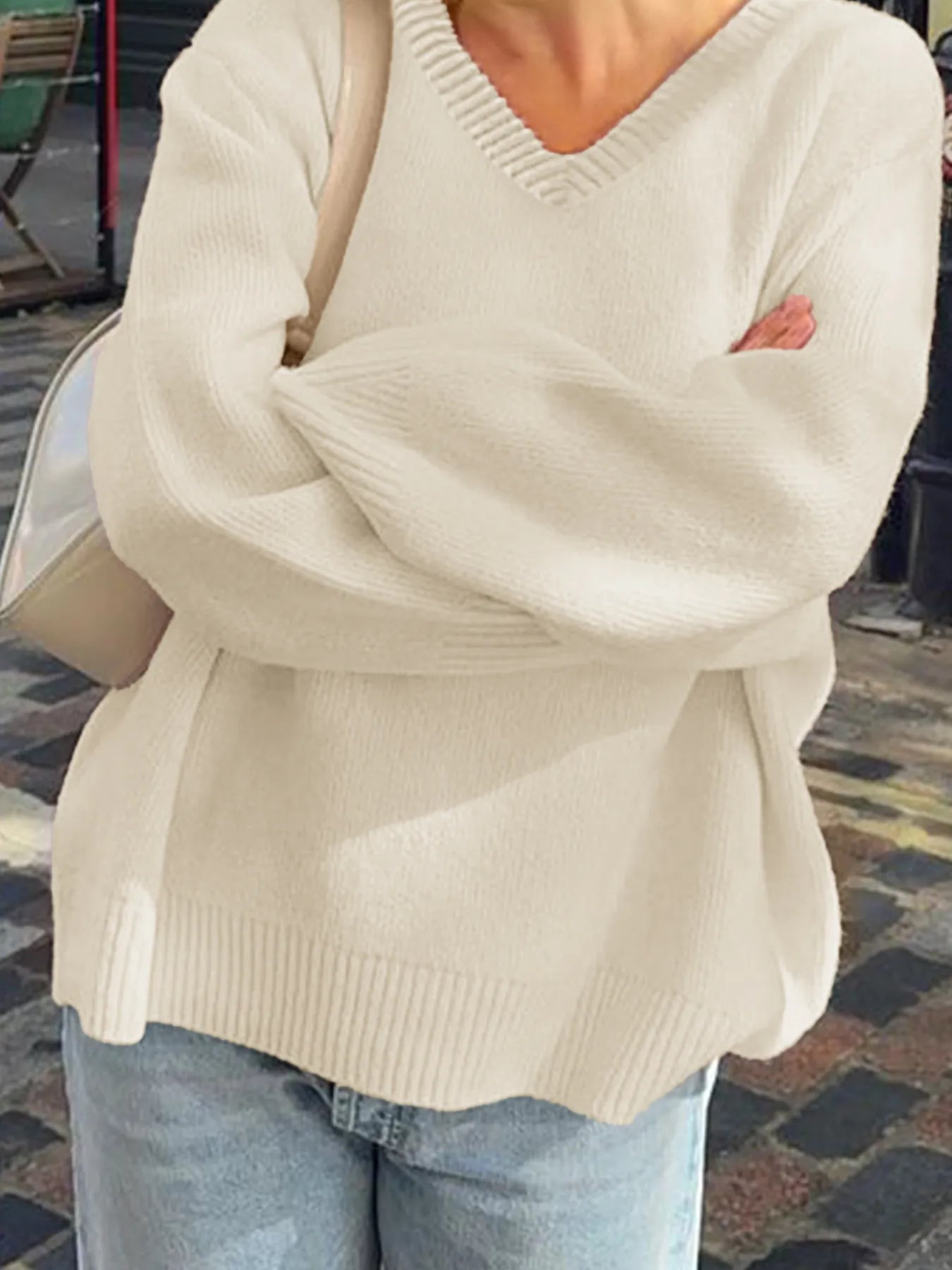 V-Neck Long Sleeve Sweater White OutfitFlow