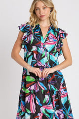 Umgee Full Size Leaf Print Double Layered Ruffle Sleeve Tiered Midi Dress Plus Size OutfitFlow