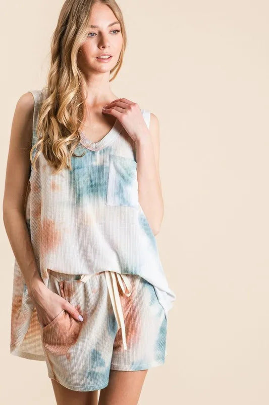BiBi Tie Dye Textured Knit Top and Shorts Set OutfitFlow