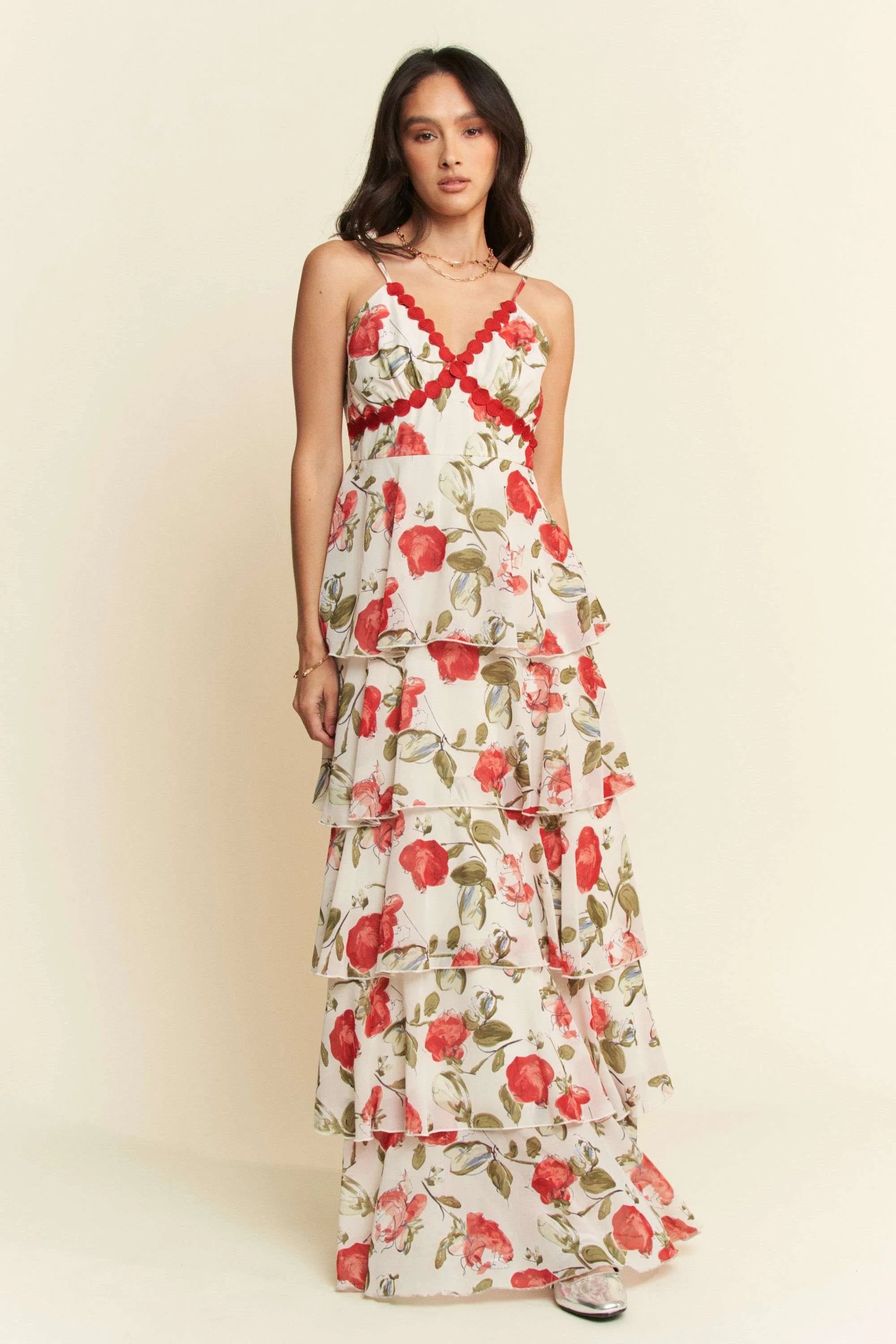 Davi & Dani Contrast Ring Lace Layered Ruffle Maxi Cami Dress IVORY RED OutfitFlow