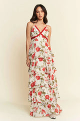 Davi & Dani Contrast Ring Lace Layered Ruffle Maxi Cami Dress IVORY RED OutfitFlow