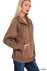 Zenana Half Zip Fleece Sweatshirt with kangaroo Pocket Trendsi