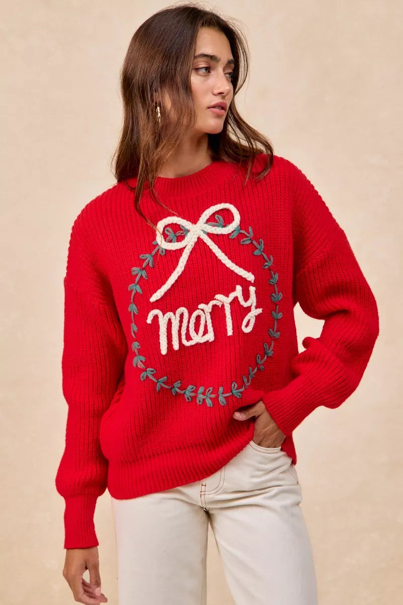 BiBi Christmas Wreath Merry Letter Knit Top OutfitFlow