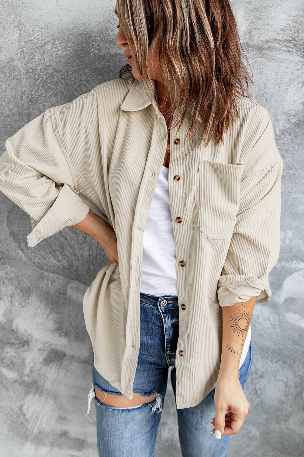 Collared Neck Button Up Dropped Shoulder Jacket