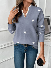 Heart V-Neck Long Sleeve Sweater OutfitFlow