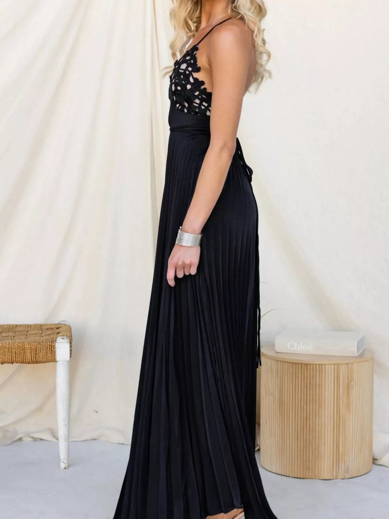 Pleated Backless Maxi Cami Dress OutfitFlow