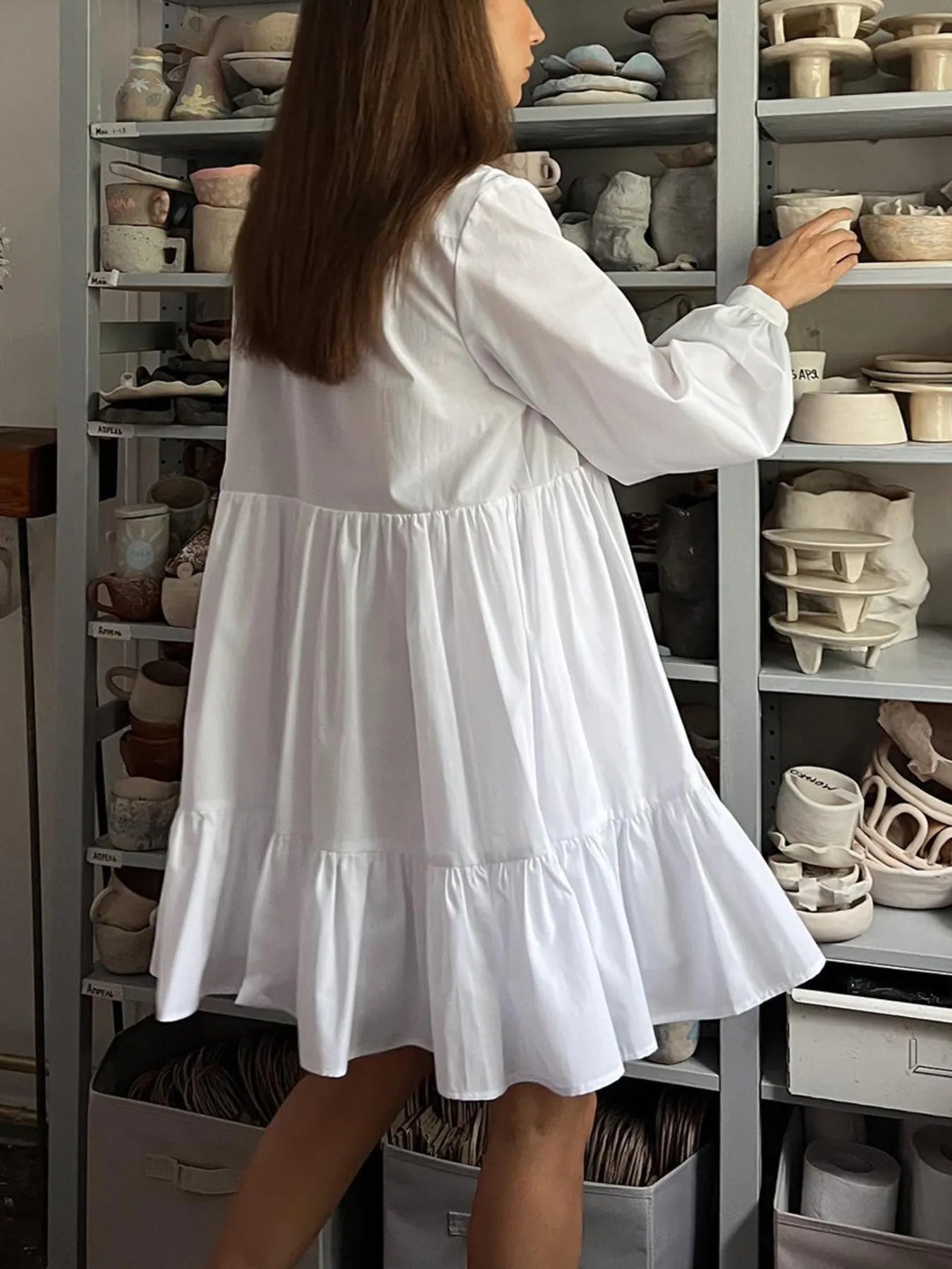 Tiered Long Sleeve Shirt Dress OutfitFlow