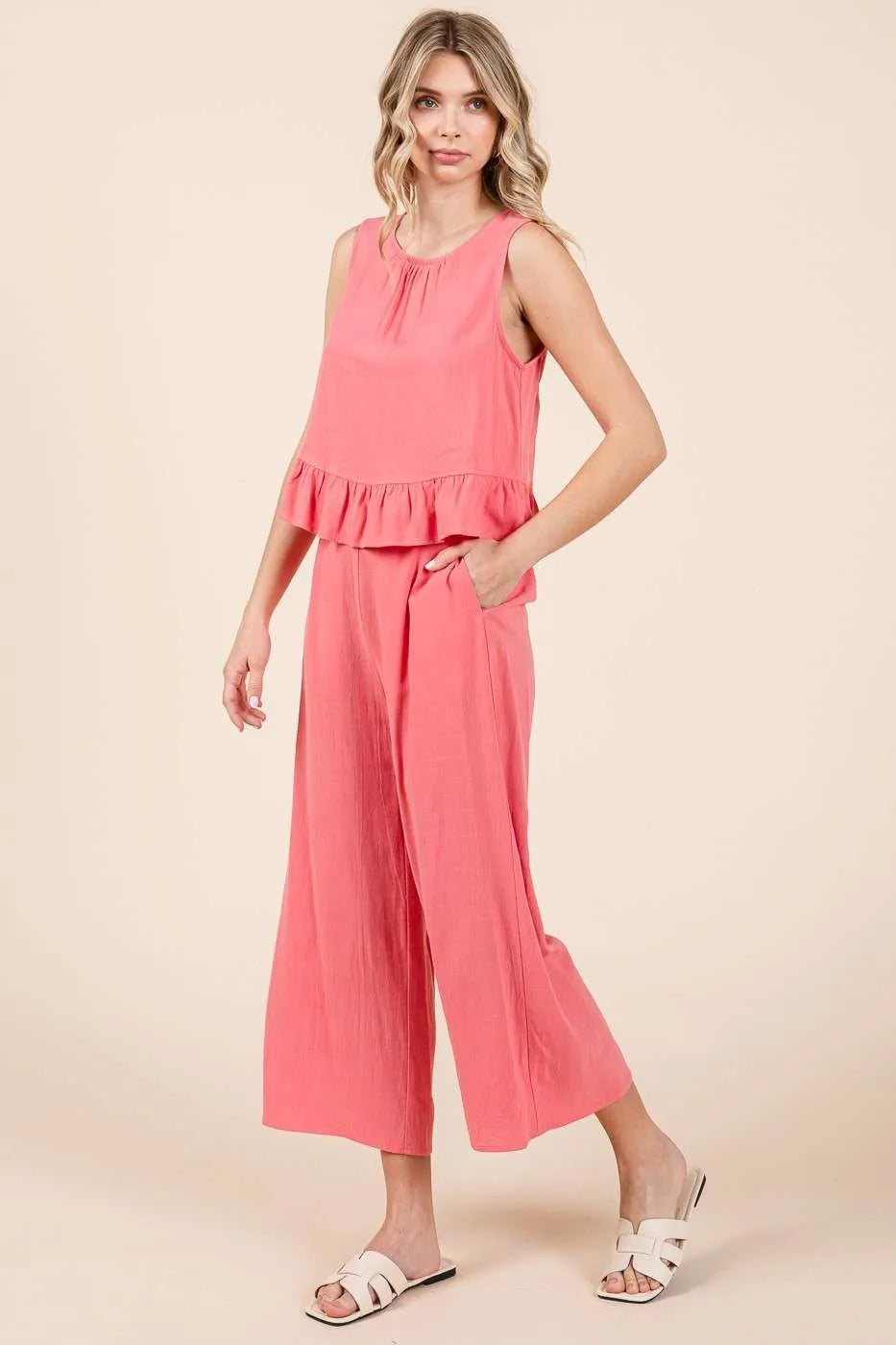 Mittoshop Linen Ruffle Tank Top and Pants Set OutfitFlow