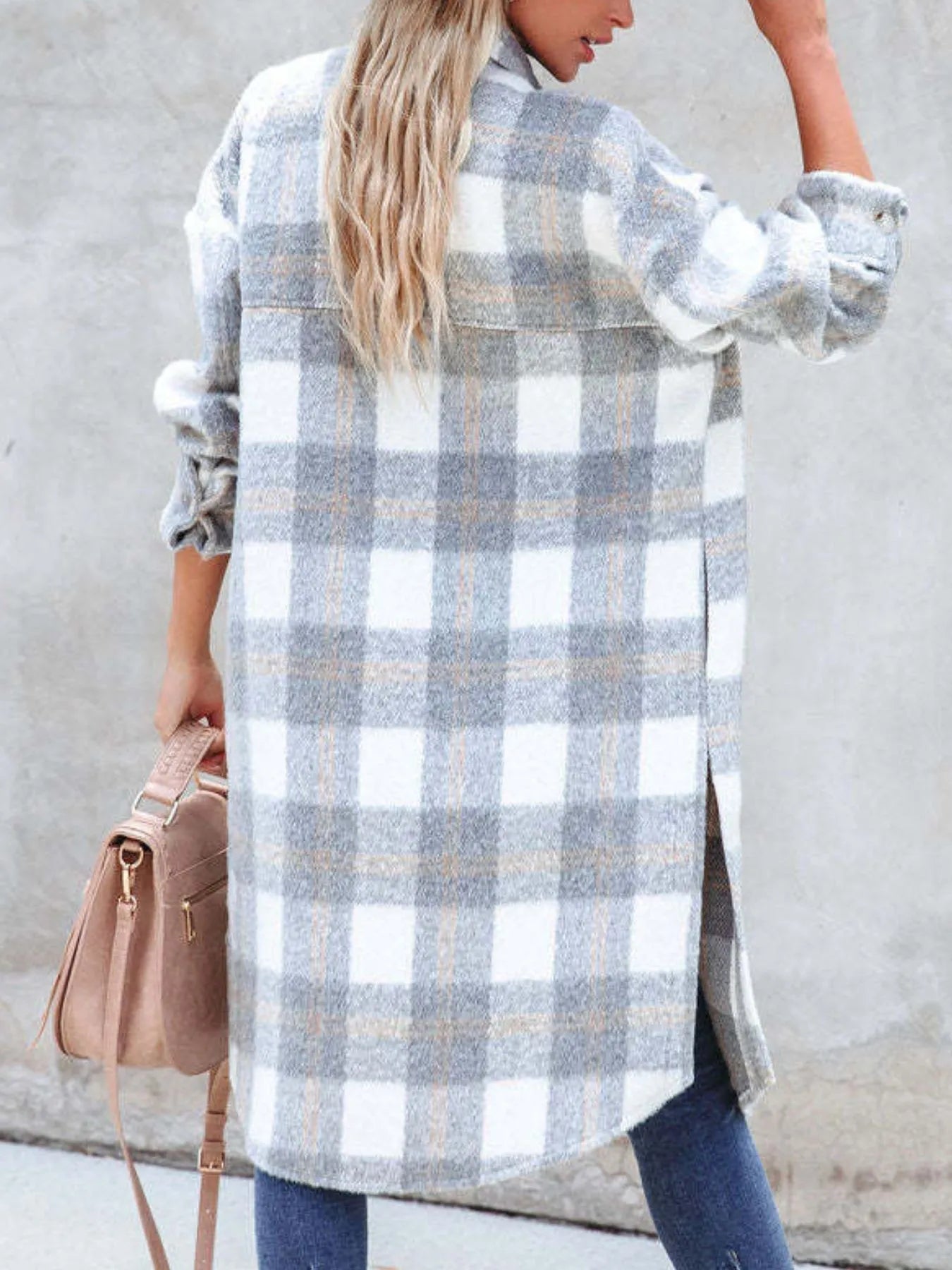 Oversized Plaid Button Up Longline Jacket OutfitFlow