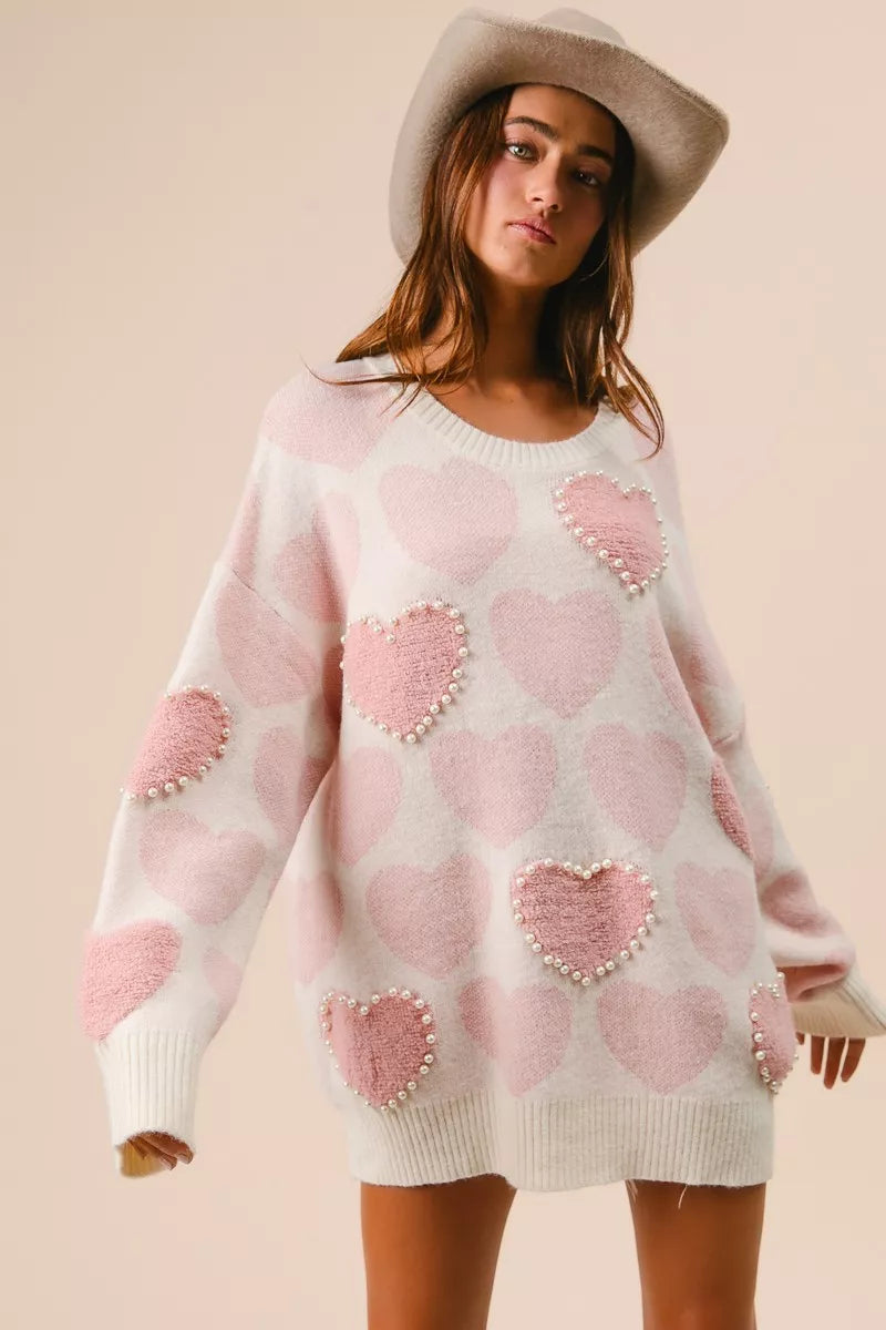 BiBi Heart Pattern Sweater with Pearl Detail OutfitFlow