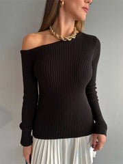Ribbed Single Shoulder Sweater Black OutfitFlow