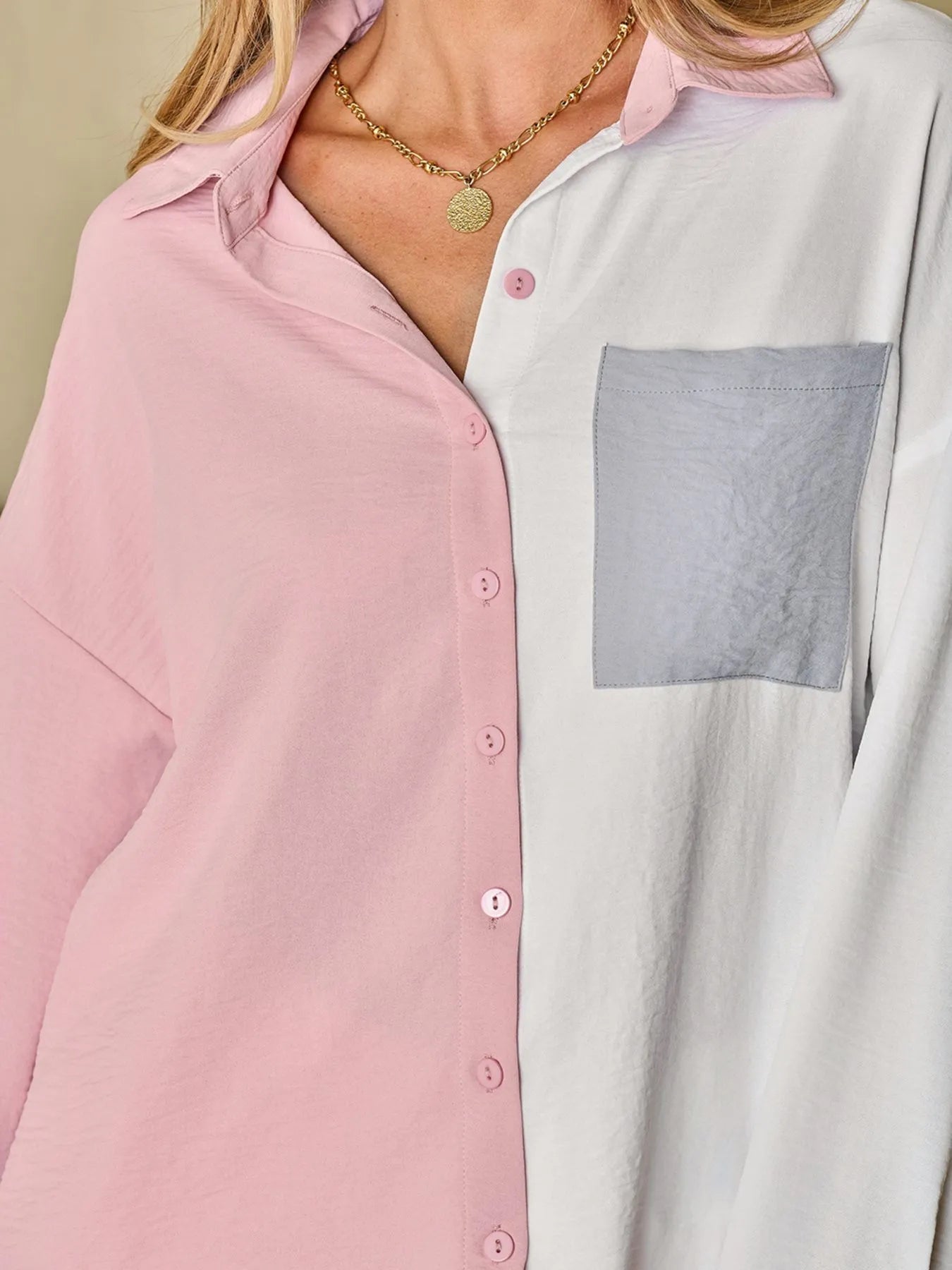 Color Block Oversized Button-Up Shirt with Chest Pocket OutfitFlow