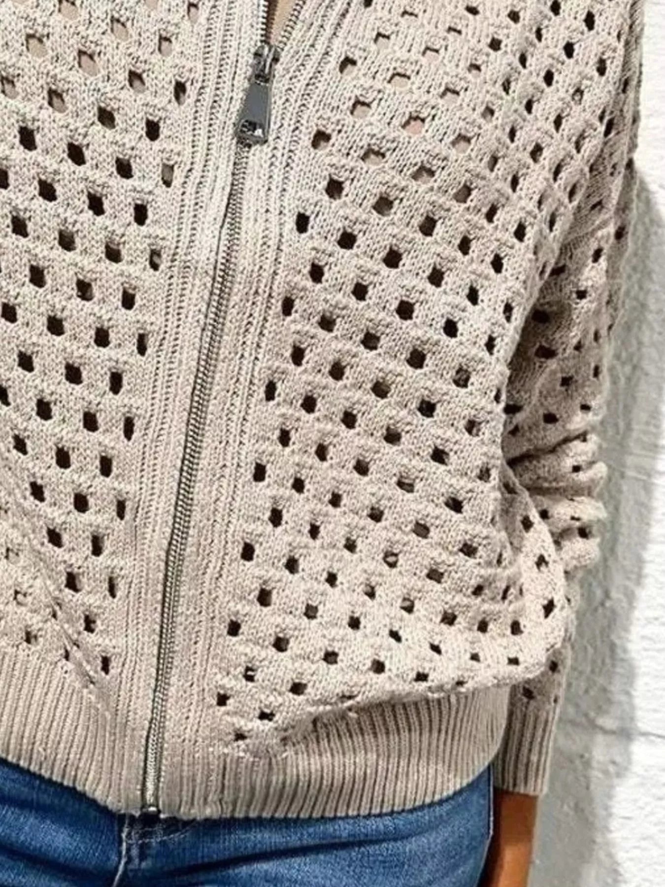 Full Size Zip Up Long Sleeve Cardigan with Eyelet Detail Plus Size OutfitFlow