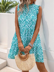 Perfee Printed Frill Sleeveless Mini Dress OutfitFlow