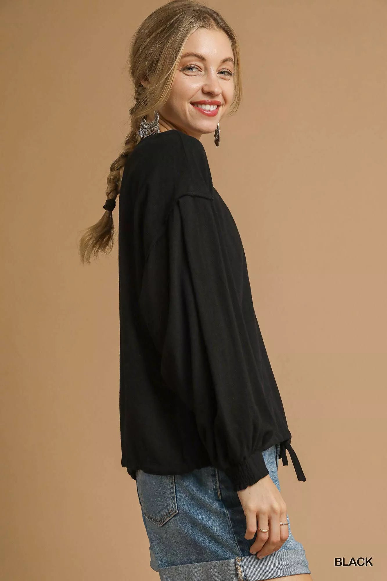 Umgee Full Size Linen Long Sleeve Top with Drawstring Plus Size Trendsi