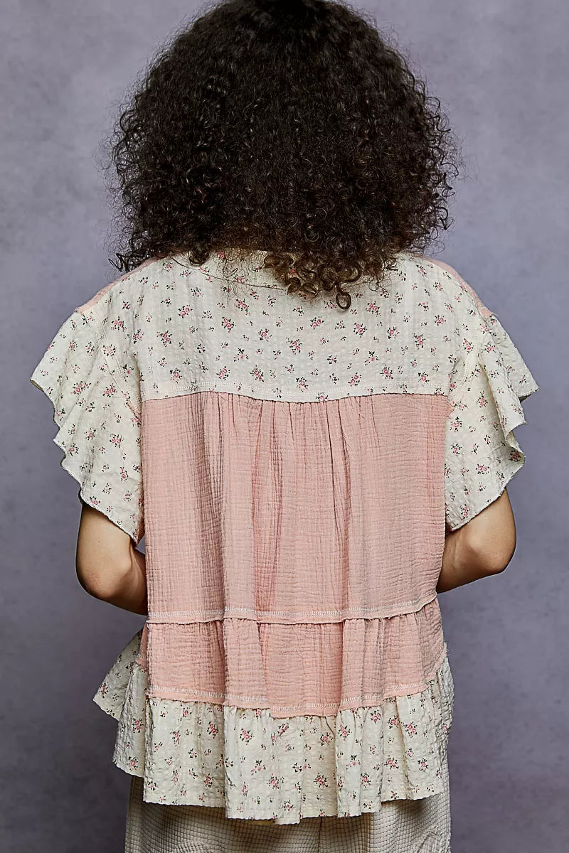 POL Floral V-Neck Short Sleeve Ruffled Double Gauze Blouse with Embroidery Detail OutfitFlow