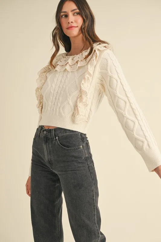 MABLE Ruffled Lace Crochet Sweater Trendsi
