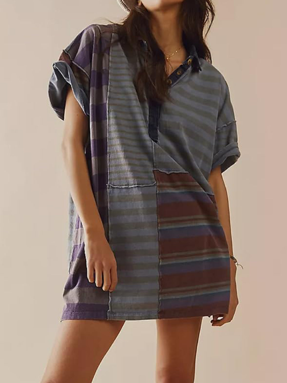 Outfit Flow - Exposed Seam Striped Half Sleeve Mini Dress