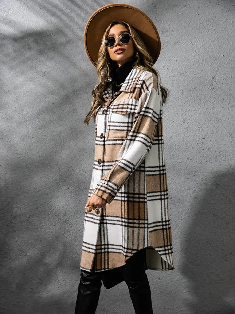 Plaid Collared Neck Long Sleeve Coat OutfitFlow