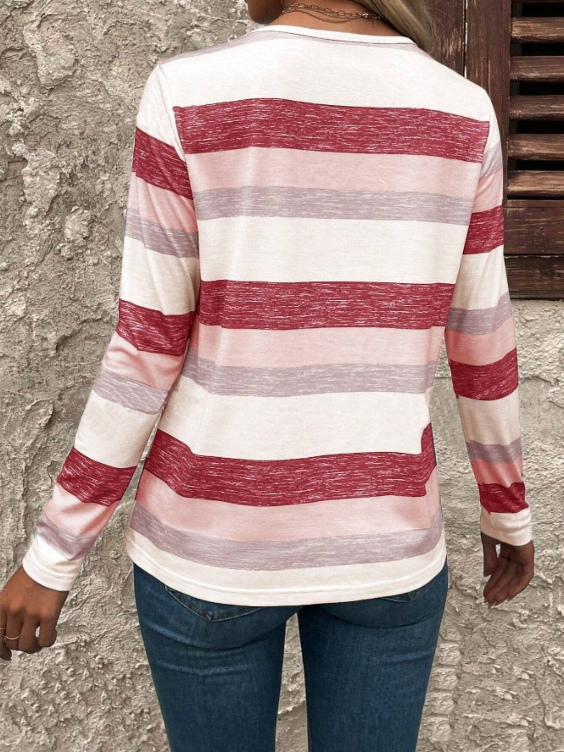 Outfit Flow - Contrast Striped V-Neck Long Sleeve T-Shirt