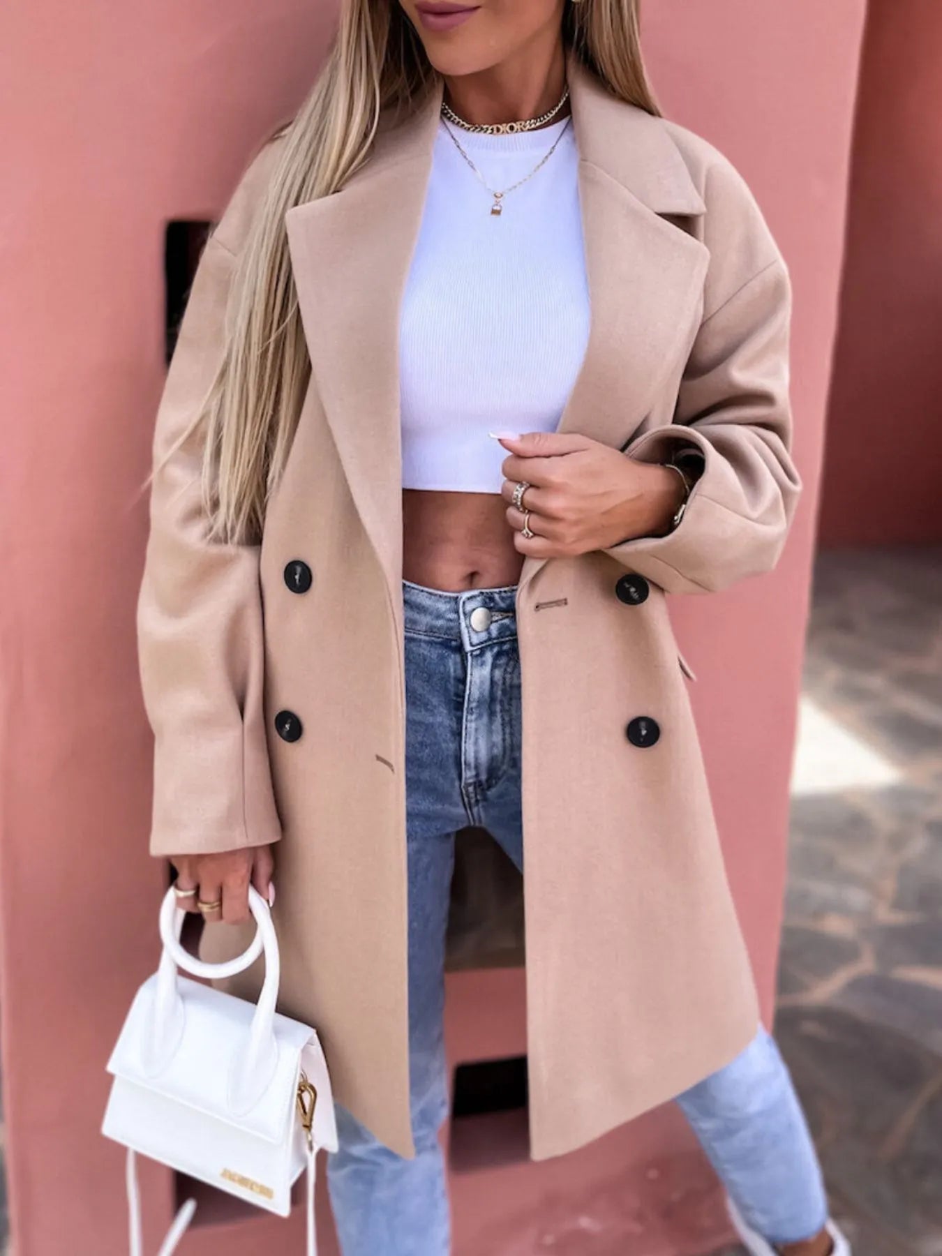 Full Size Double-Breasted Wool Coat Plus Size Khaki Trendsi