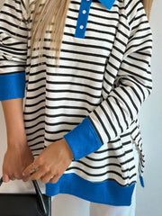 Striped Polo Collar Long Sleeve Sweatshirt OutfitFlow