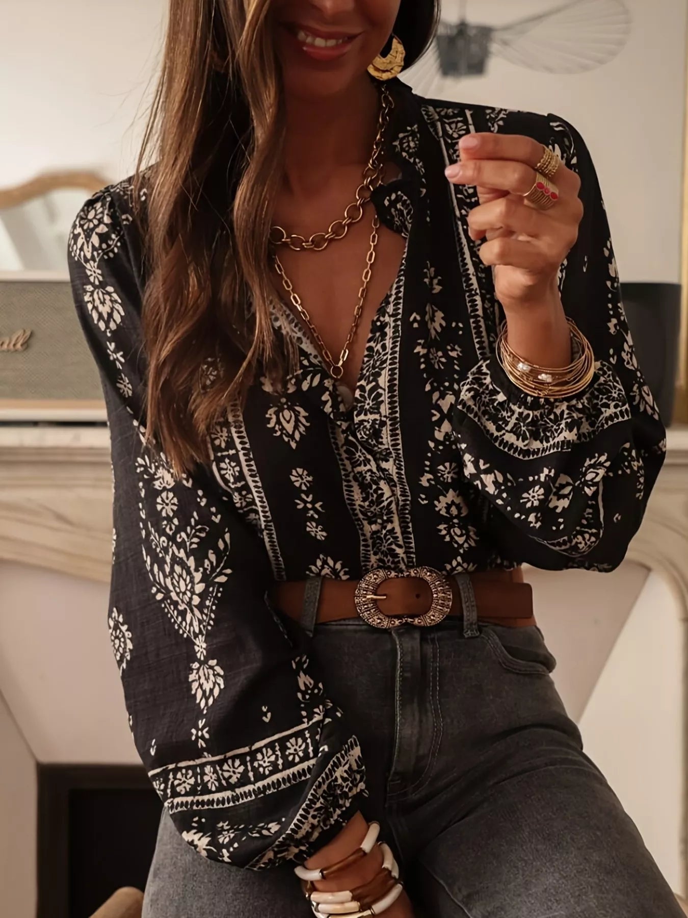 Printed Long Sleeve Blouse OutfitFlow